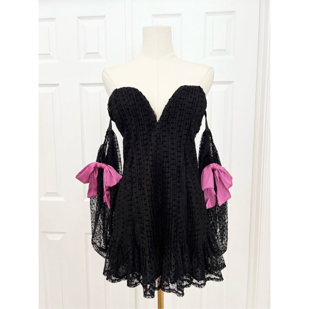 For Love and Lemons Carolyn Mini Dress Black Lace Satin Bow XS